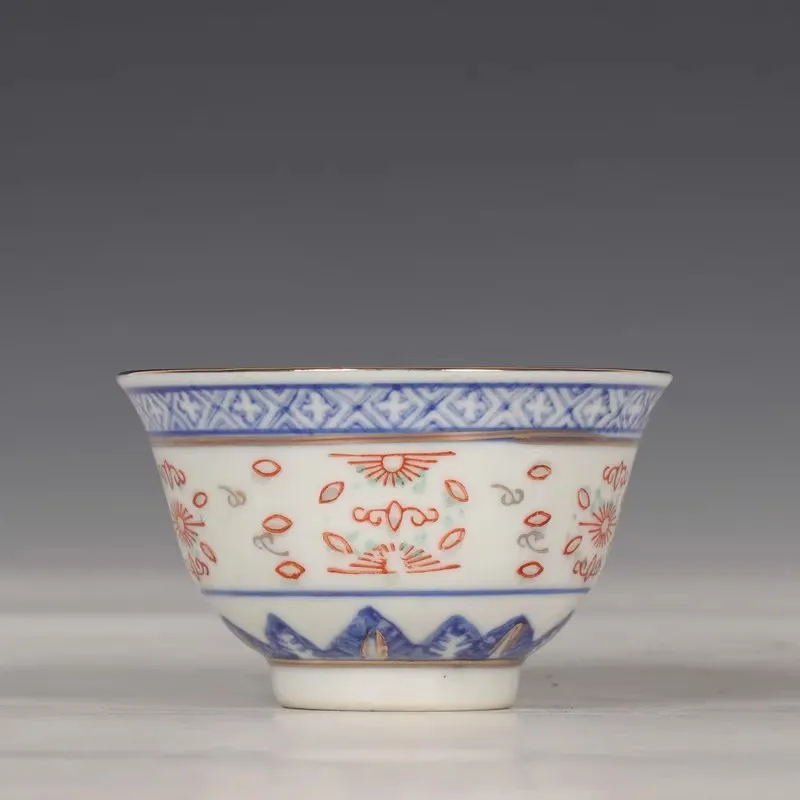 Jingdezhen Household Rice-Pattern Decorated Porcelain Painting Tracing Traditional Nostalgic Restaurant Wine Glass Tea Cup Bowl