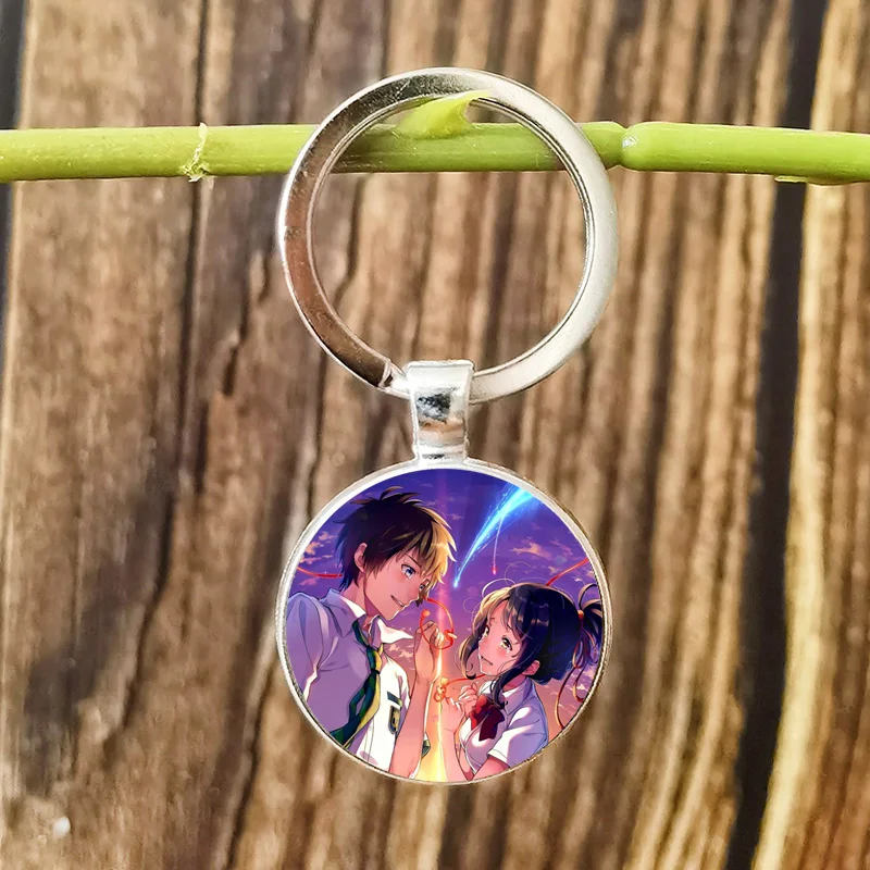 Your Name Anime Poster Keychain Kimi No Na Wa Miyamizu Mitsuha Glass Cabochon Alloy Key Chain Couple Key Ring Gift