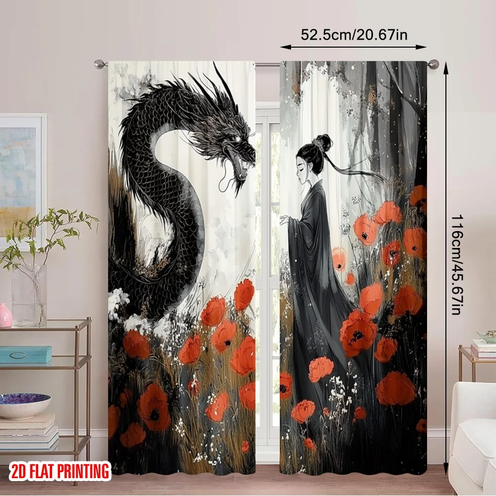 2pcs 2D flat printing Party Curtains Japanese anime wind China female dragon Versatile Polyester Without Electricity Family