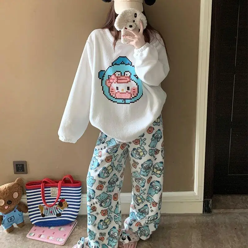 

Пижамный комплект Sanrio Hangyodon Kawaii для девочек, из кораллового флиса и фланели, женский, домашний, с мультяшным принтом, осенне-зимний, новый, теплый, утолщенный, милый, для сна