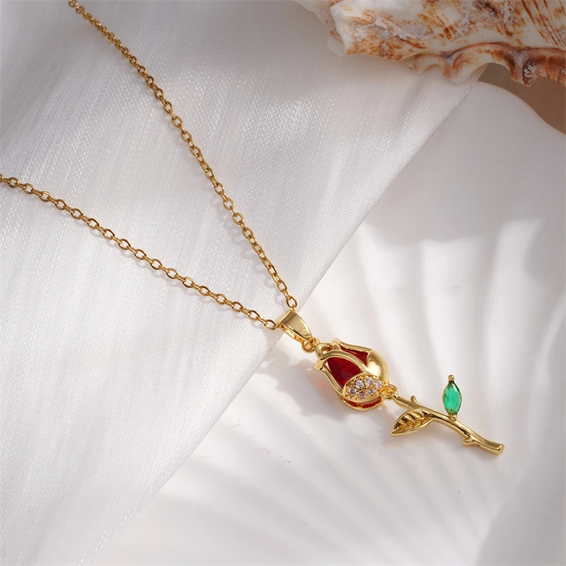 Edle Edelstahl-Tulpenanhänger-Halskette für Damen Elegante Goldfarben-Kette Blumen-Halskette Glücksbringer-Schmuck Geschenk – Detail 9