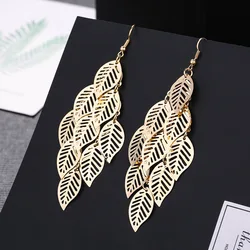 1 Pair Vintage Leaf Drop Long Earrings Geometric Hollow Maple Leaf Exaggerated Long Tassel Hanging Earrings Jewelry Accessories