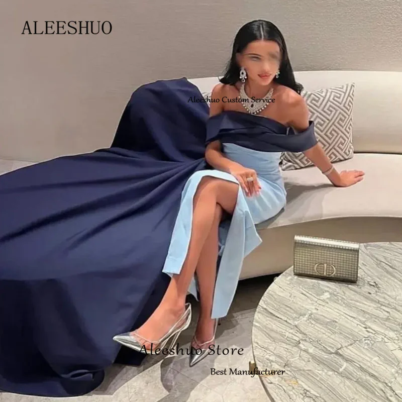 Aleeshuo Elegant Blue Long Pleated Evening Dresses Off The Shoulder Satin Mermaid Sexy Formal Party Dress Side Slit Floor Length