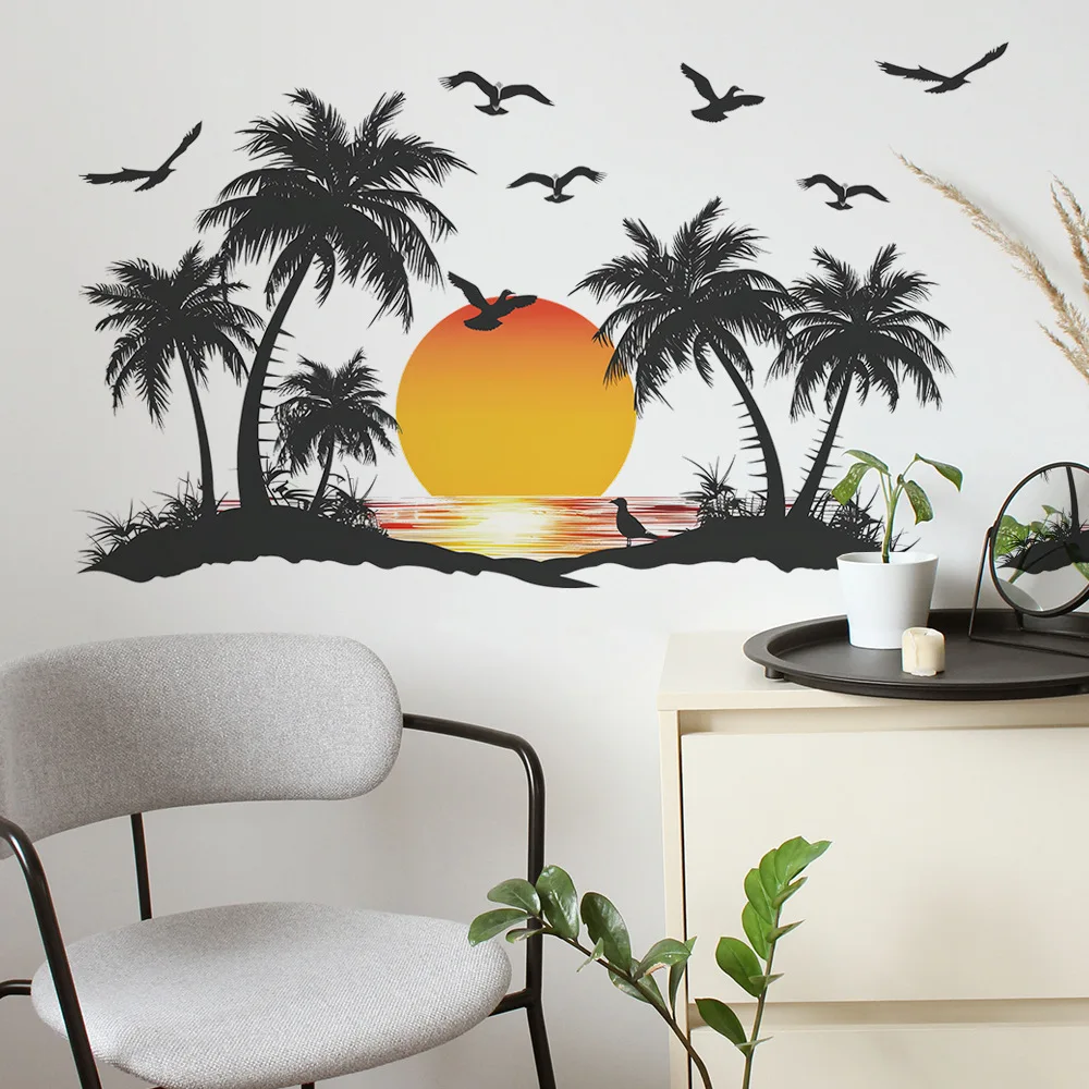 Sunset Coconut Tree Seagull Wall Sticker For Living Room Sofa Background Decoration Mural Bedroom Home Decor Removable Wallpaper