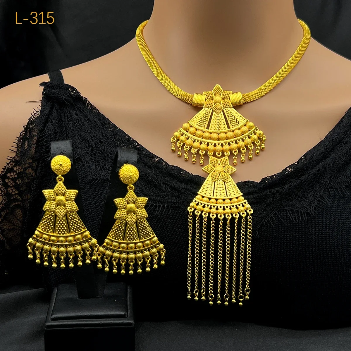 Indian Bridal Tassel Necklace Earrings Jewelry Set For Women 24K Gold Plated African Nigeria Dubai Wedding Party Gift Jewellery