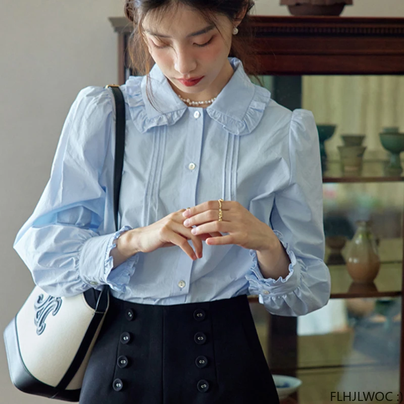 Ruffles Cute Cotton Peter Pan Collar Tops Blouses New Design 2023 Summer Women Chic Korea Casual Japan Girls Basic Blue Shirts