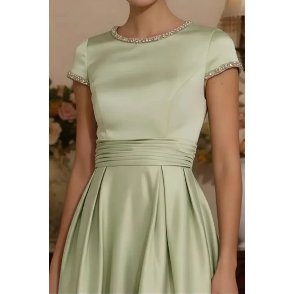 Customized Mother Of Bride Dresses Sage Satin Beaded Round Neck Floor Length Cap Sleeve Pleated Waist A Line Floor Length Gown