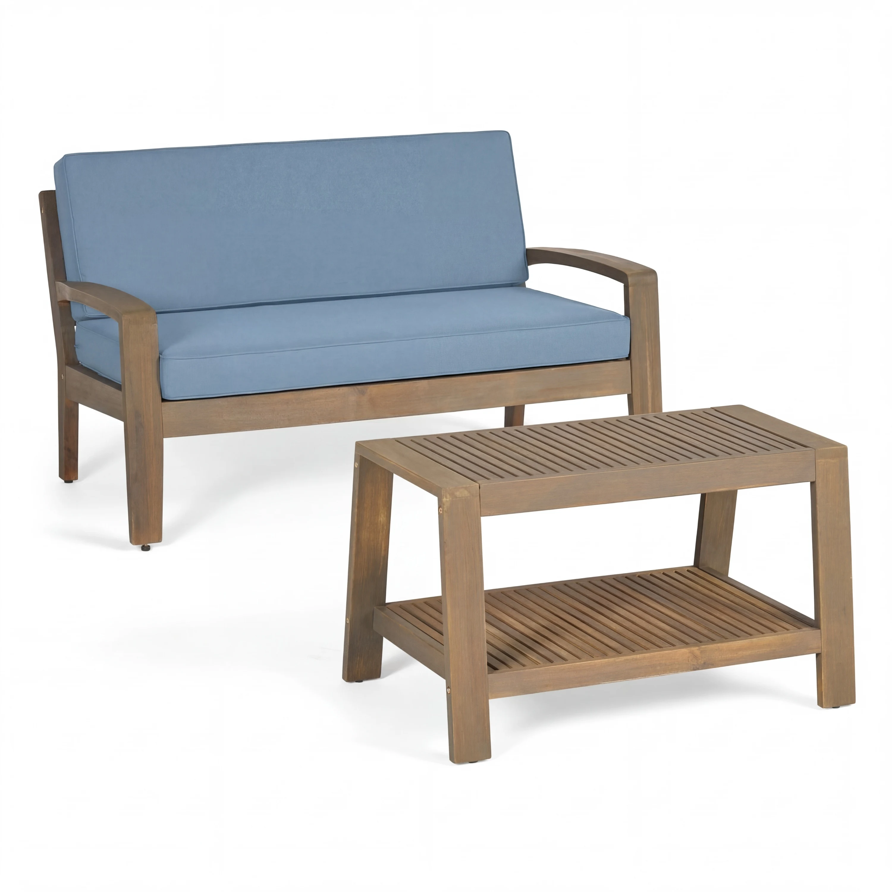 

# 2-Piece Modern Outdoor Gray Acacia Wood Sofa Set Loveseat Coffee Table Blue Water-Resistant Cushions 350lbs Capacity Patio Dec
