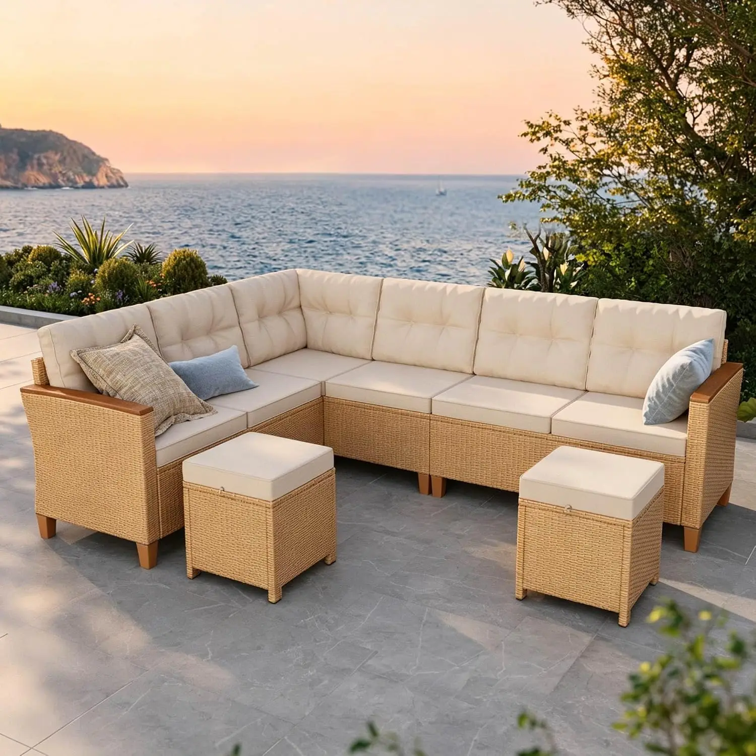 6 Piece Wicker Outdoor Sectional Sofa with Chaise Lounge & 2 Ottomans for Porch Balcony Deck, Customized