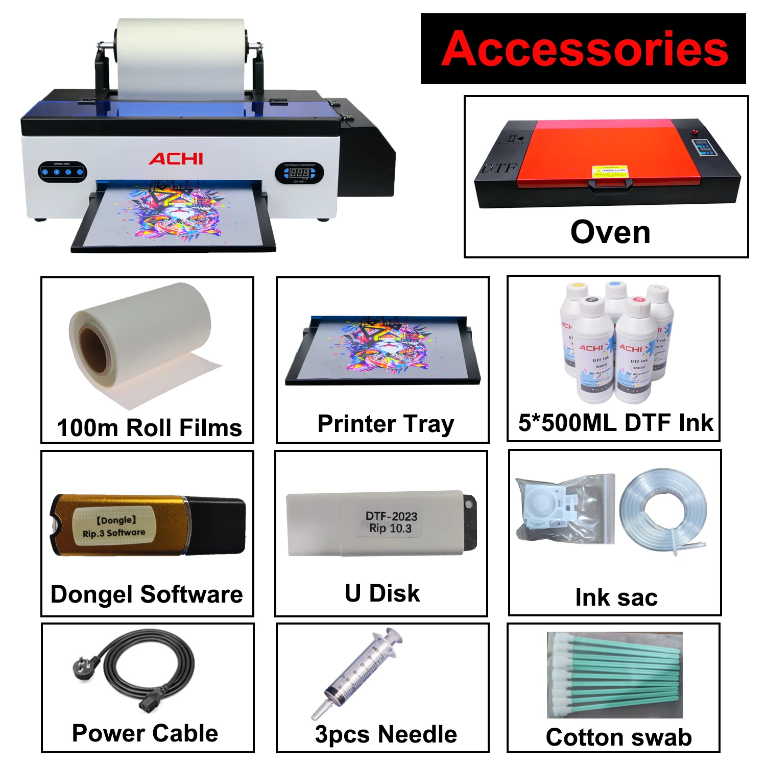 ACHI DTF Transfer Printer A3 DTF Printer T Shirt Printing Machine With Curing Oven for Clothes Hoodies Jeans Textile EU US Stock