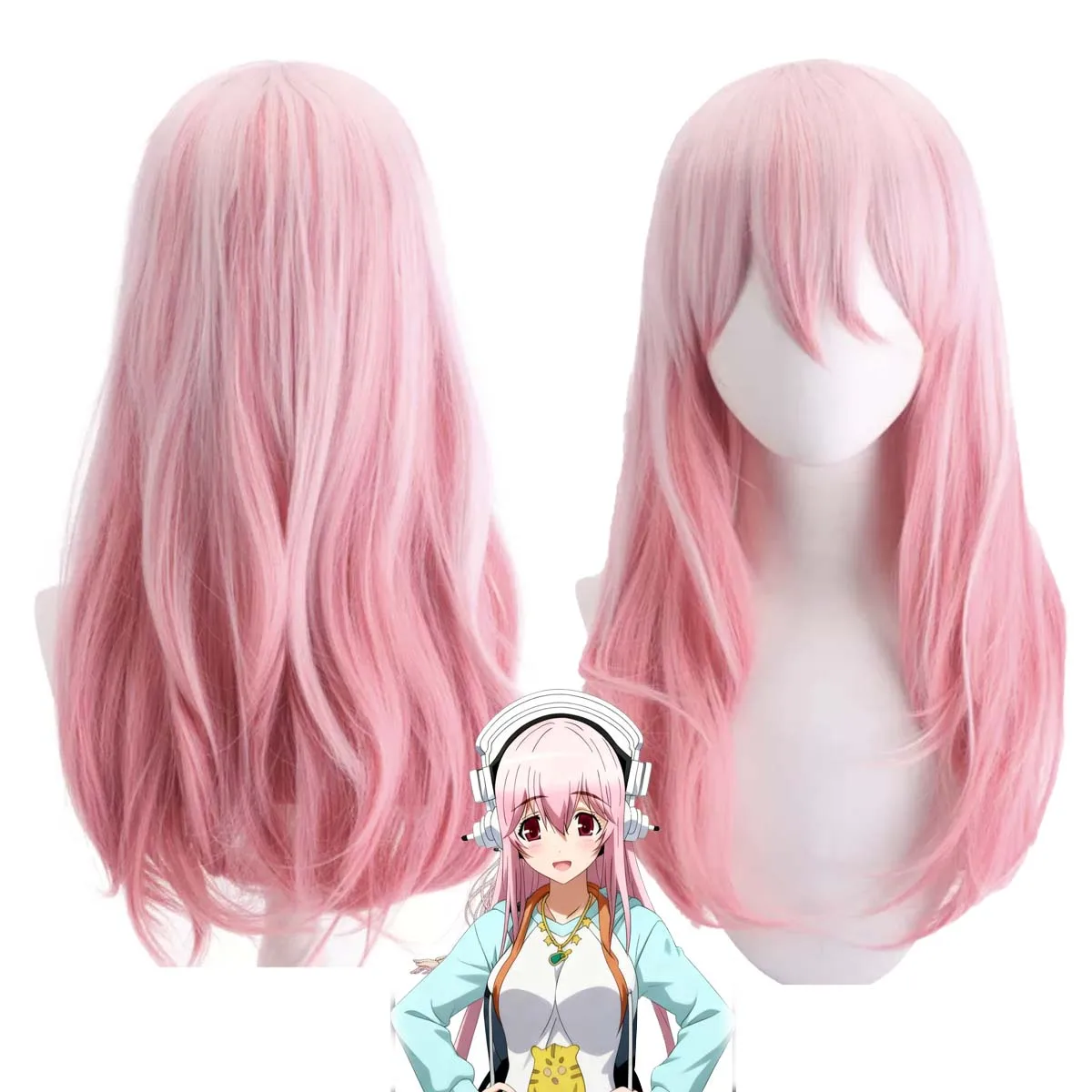 Peluca de cabello sintético resistente al calor, de color rosa degradado, modelo Super Sonico, para mujer.