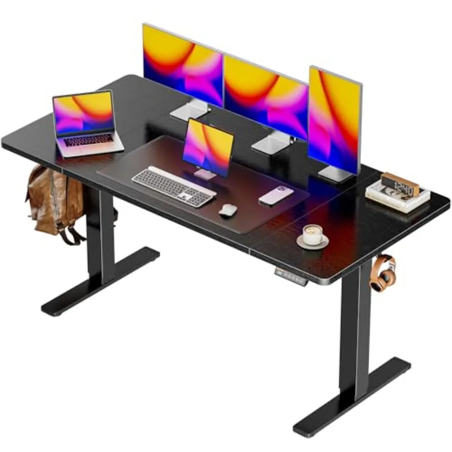 Home office electric standing desk, steel frame, black, 55 x 28 inches with 27.6-inch depth, 3 preset heights, 2 hooks, smooth