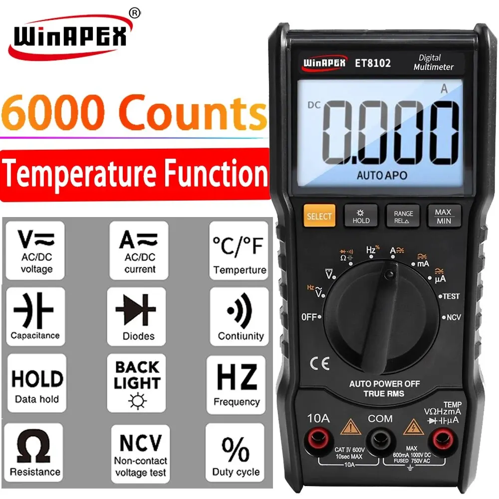 WINAPEX 6000 Counts Auto Rang True RMS Digital Multimeter DC AC Current Voltage NCV Diode Duty Hz Capacitance Continuity Test