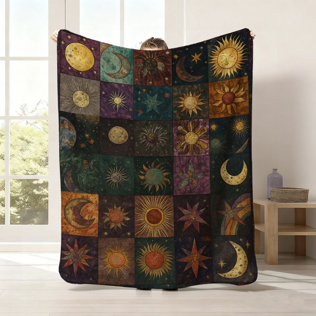 Boho Celestial Flannel Throw Blanket Polyester Cosmic Sun Moon Zodiac Astrology Tapestry Art Cozy Winter Bedroom Decor Multi Pan