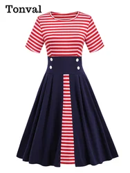 Tonval Red Striped and Navy Blue Button High Waist Women Vintage Pleated Dress Short Sleeve O-Neck Retro Clothes Midi Dresses