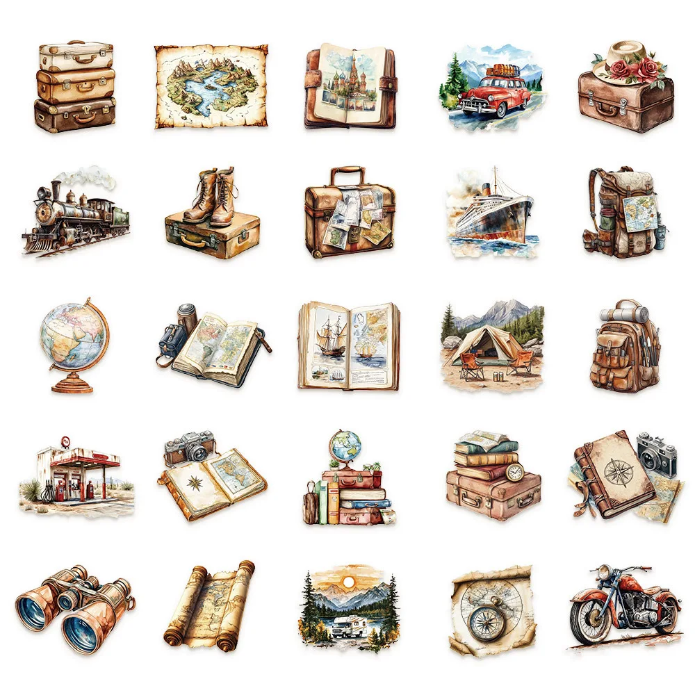 10/30/50pcs Vintage Outdoor Hiking Camping Stickers Transparent Cartoon Travel Scenery Decals Diary Phone Luggage Sticker Pack