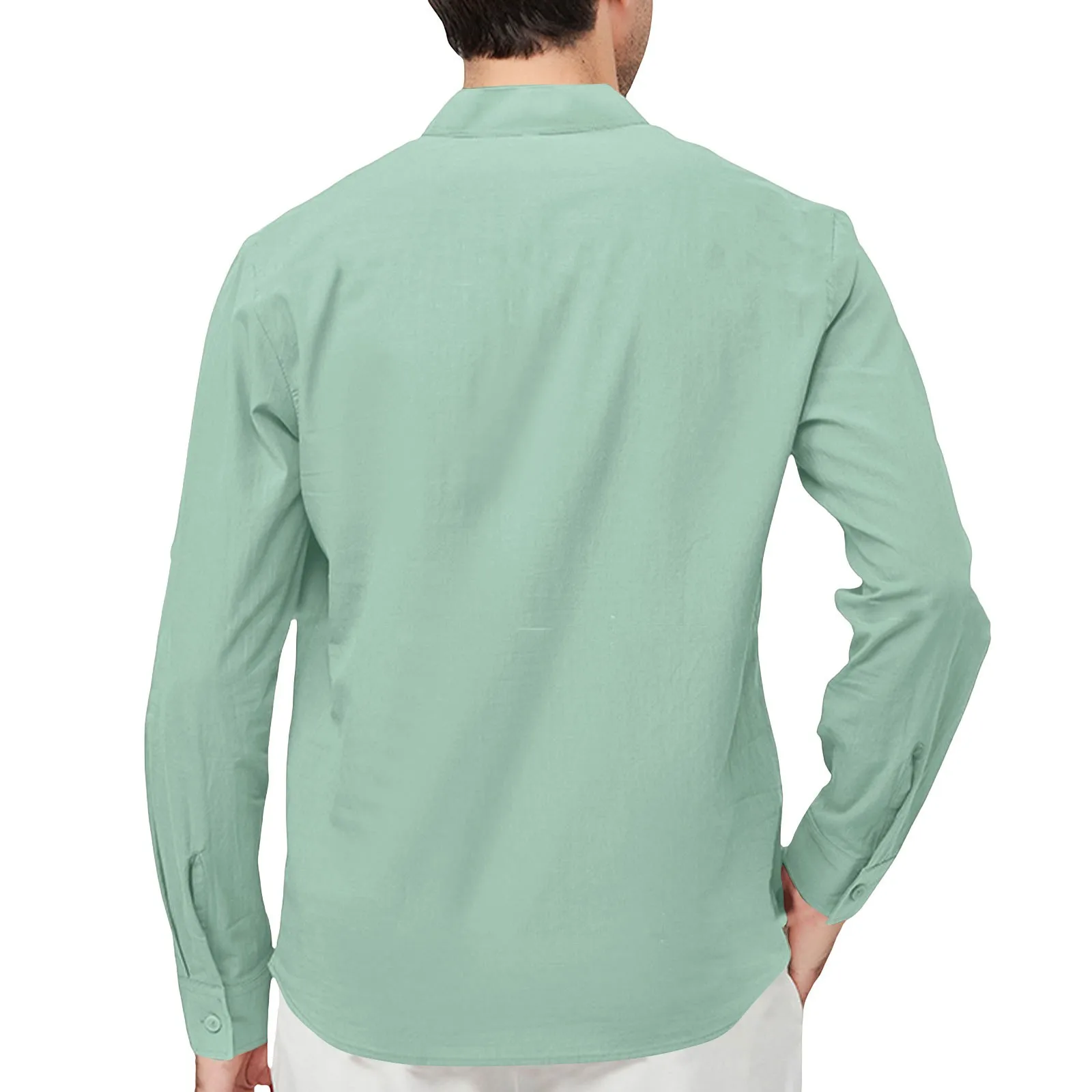 Men's cotton and linen stand-up collar Henley shirt loose-fitting long-sleeved casual shirt sleeves double pockets commuter top