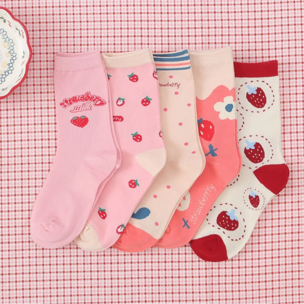 20ペア-ロット！-卸売女性用靴下-コットン-ストロベリー柄-カートゥーン風-可愛い女の子用靴下
