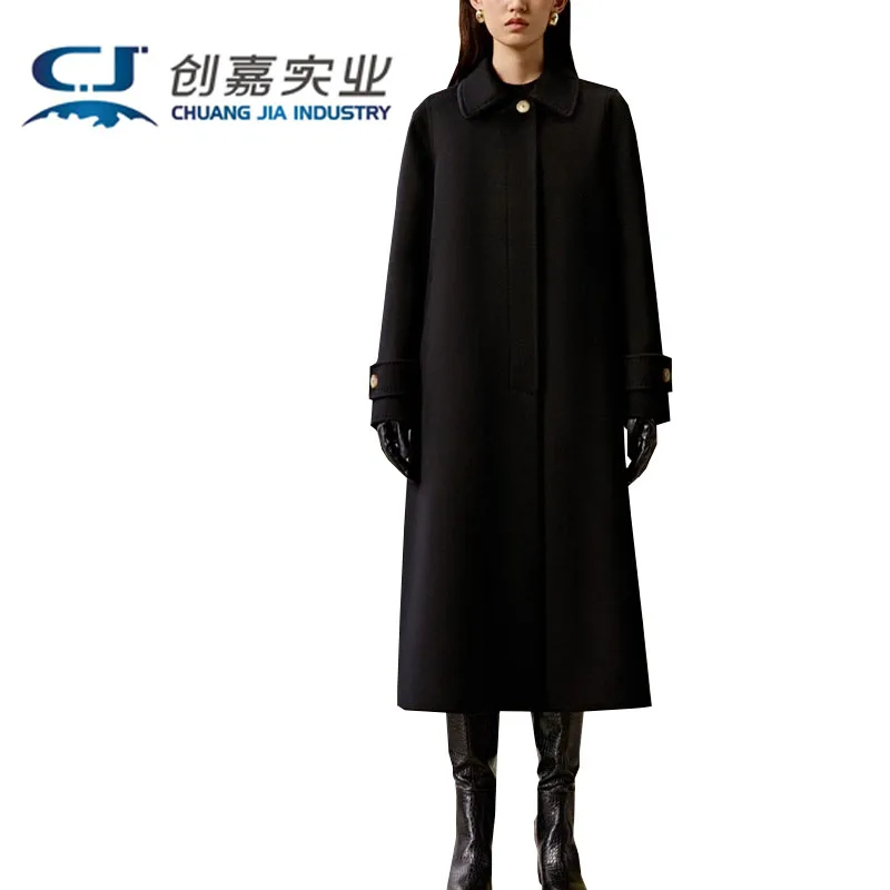 

2023 Autumn Winter Women's Double-sided 100% Cashmere Coat Black Lapel Long Wool Coat Light Luxury Women's Comfort and Warmth