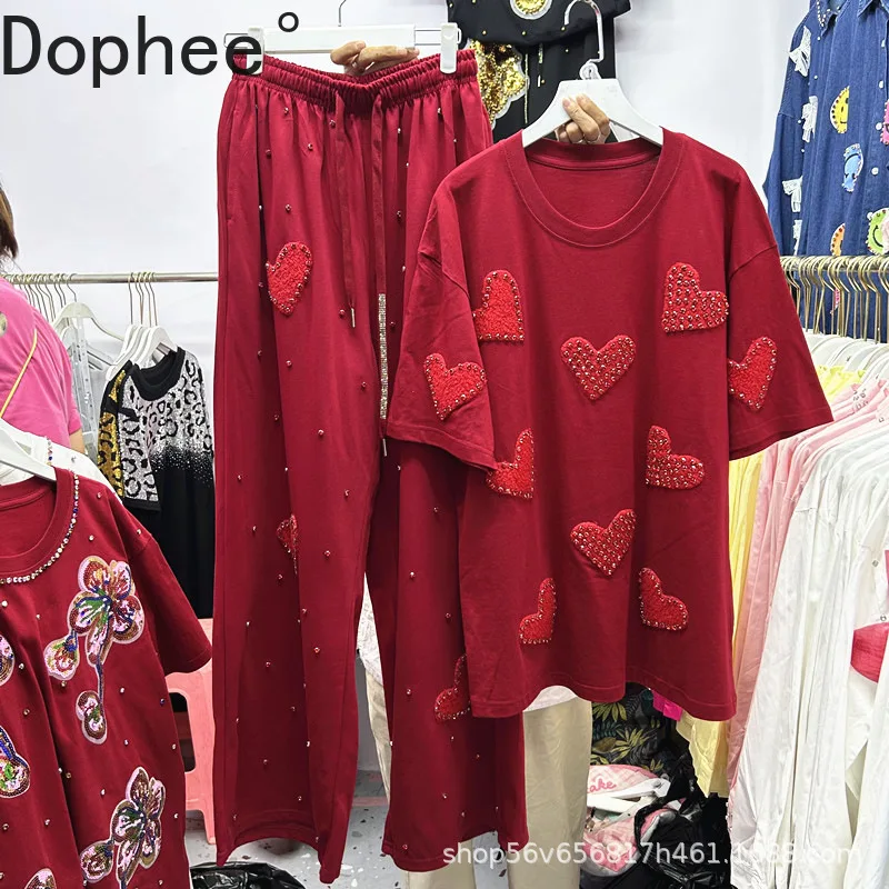 

Fashion Diamonds Love Two-piece Set for Women All-match Red Loose Short Sleeve T-shirt Top + Elastic Waist Casual Straight Pants
