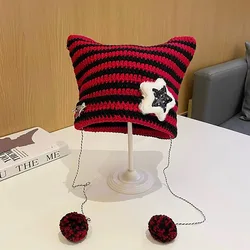 Y2K Beanie Hat Ins Devil Ear Striped Knitted Wool Cap Autumn Winter Hip-hop Crochet Cute Cat Ears Pointed Pullover Women's Hats