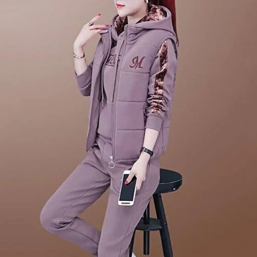3Pcs/Set Trendy Women Tracksuit Multi Pockets Patchwork Color Letter Print Hoodie Jogging Pants Zipper Vest Suit