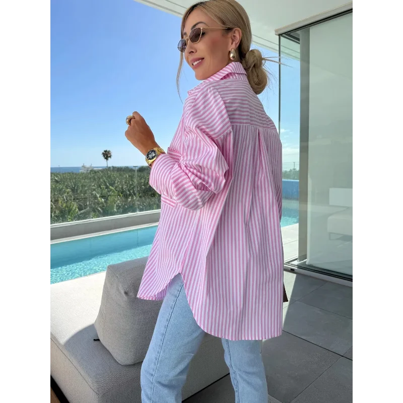 

Новая осенняя модная повседневная рубашка с длинным рукавом и пуговицами в полоску для женщин