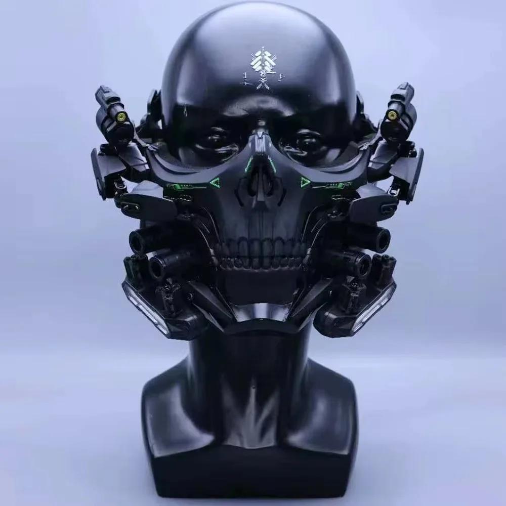หน้ากากโครงกระดูกสไตล์ไซเบอร์พังก์ ครึ่งหน้า สีดำ พร้อมไฟ สำหรับงานปาร์ตี้ฮาโลวีน งานคาร์นิวัล อุปกรณ์ประกอบฉากเกมยิงปืน ของขวัญ
