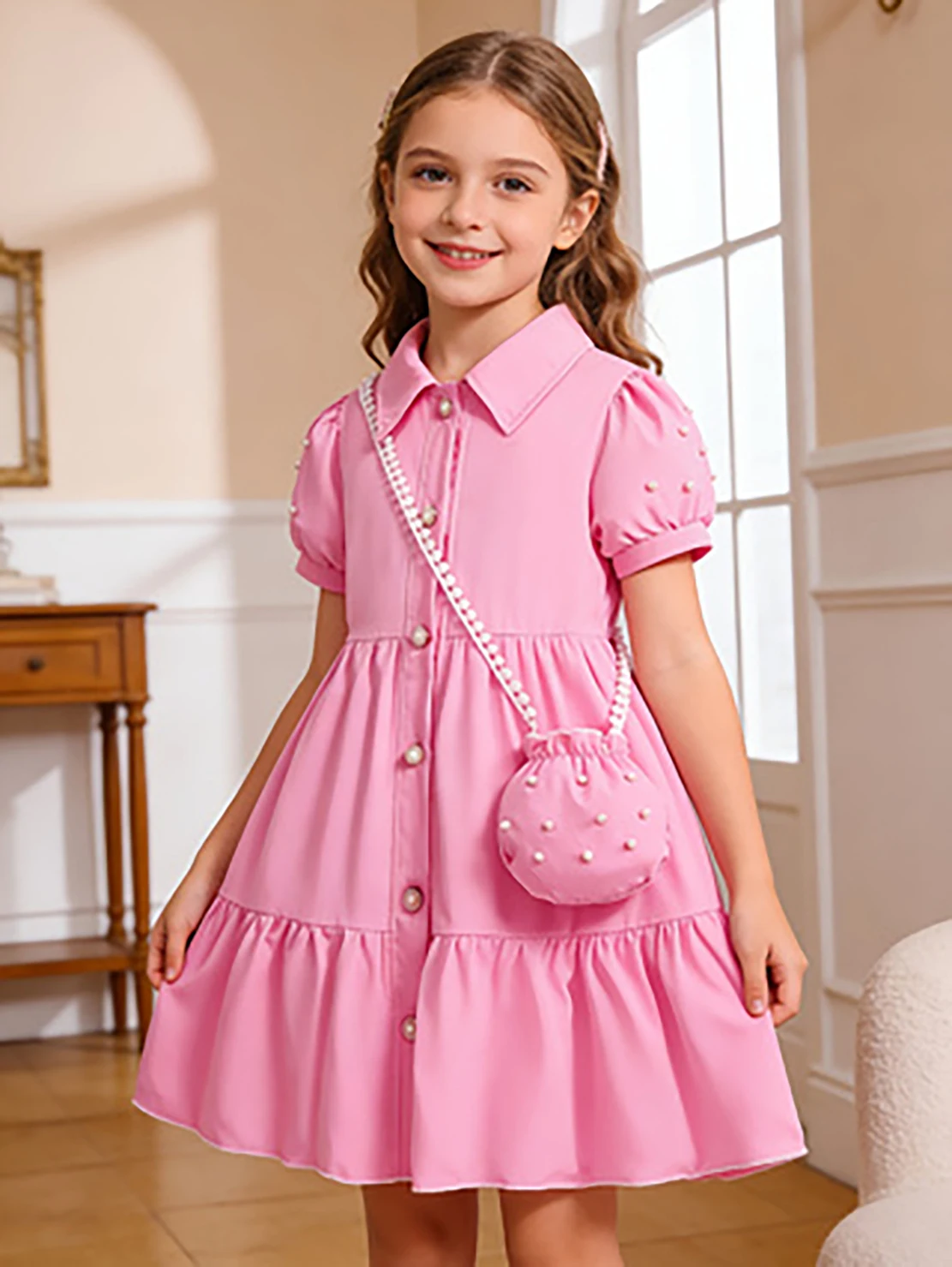 Elegantes Kinderkleid, Neues Sommer-Mädchenkleid im A-Linien-Schnitt mit Perlenverzierungen – Detail 2