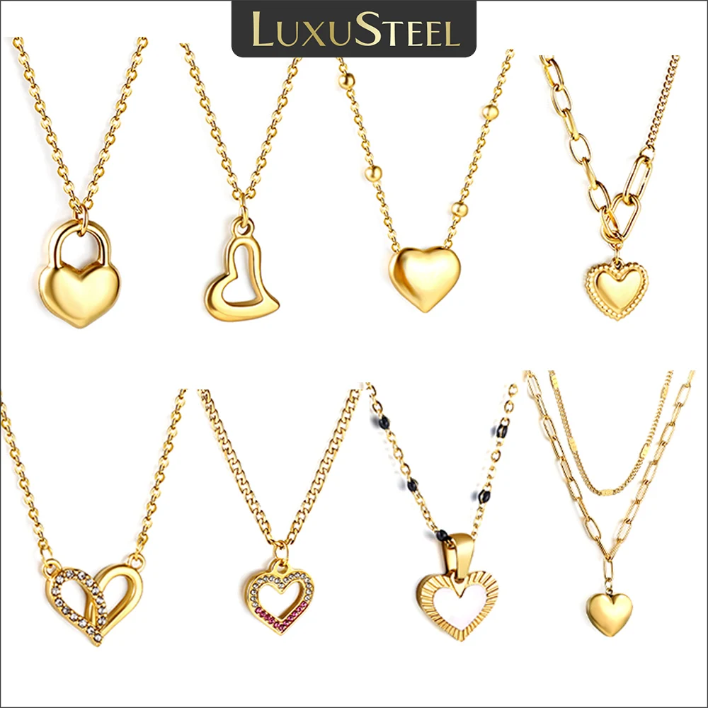 LUXUSTEEL New Stainless Steel Heart Pendant Necklace for Women Girls Temperament CZ Crystal Charm Choker Fashion Jewelry Gifts