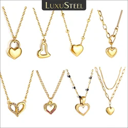 LUXUSTEEL New Stainless Steel Heart Pendant Necklace for Women Girls Temperament CZ Crystal Charm Choker Fashion Jewelry Gifts