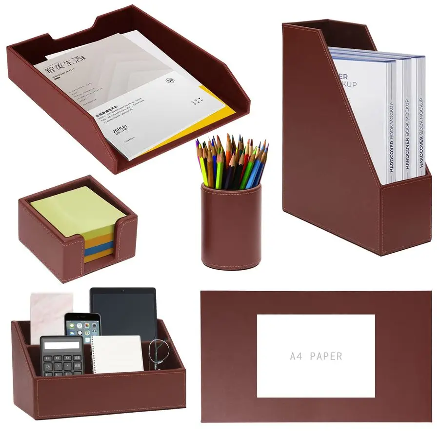 

Office Supplies PU Leather 6Piece Desk Organizer with Writing Pad, Letter Tray, File Folder Sorter, Pen Cup, Note Holder, Busin
