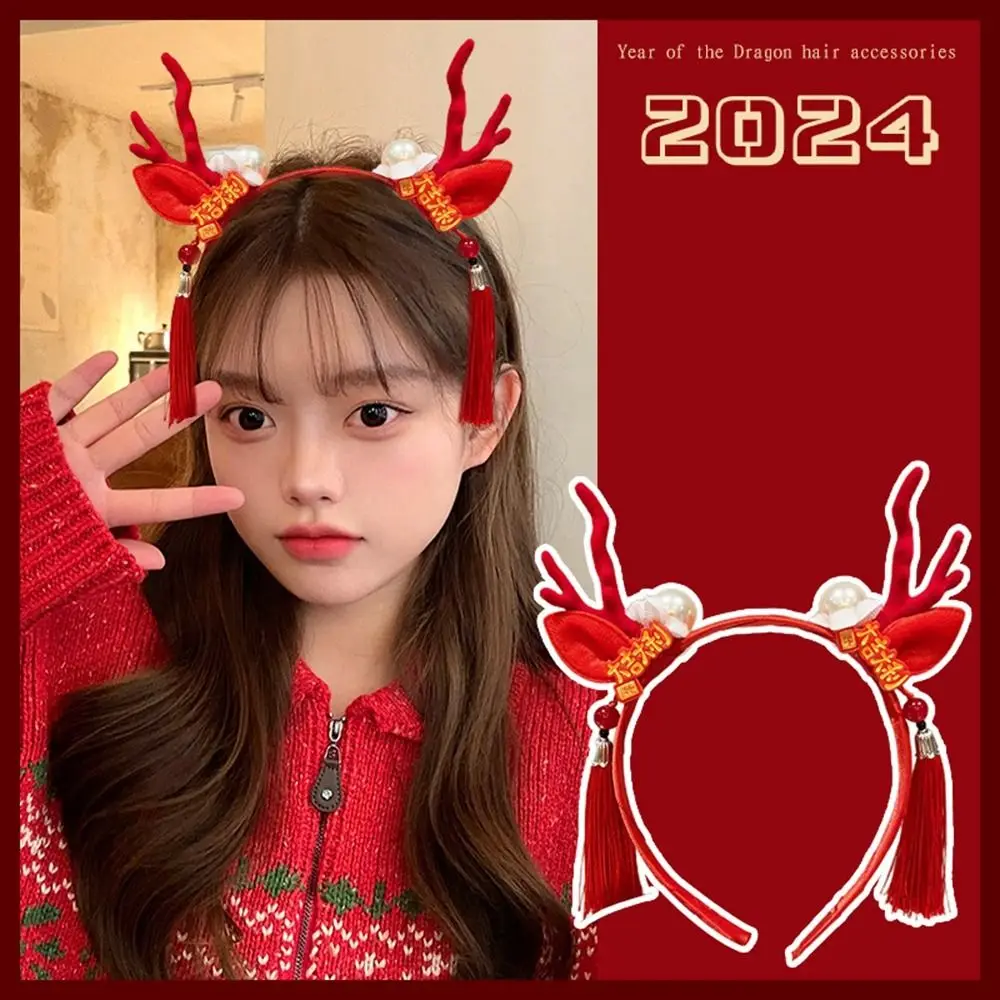 Red Hairband 2024 Happy New Year Headband Dragon Horn Hairpin Red Bow Headband New Year Headdress New Year Hair Hoop