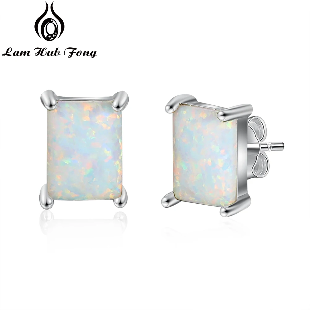 Rectangular Opal Stone Earrings Simple Stud Earrings for Women Engagement Wedding Jewelry (Lam Hub Fong)