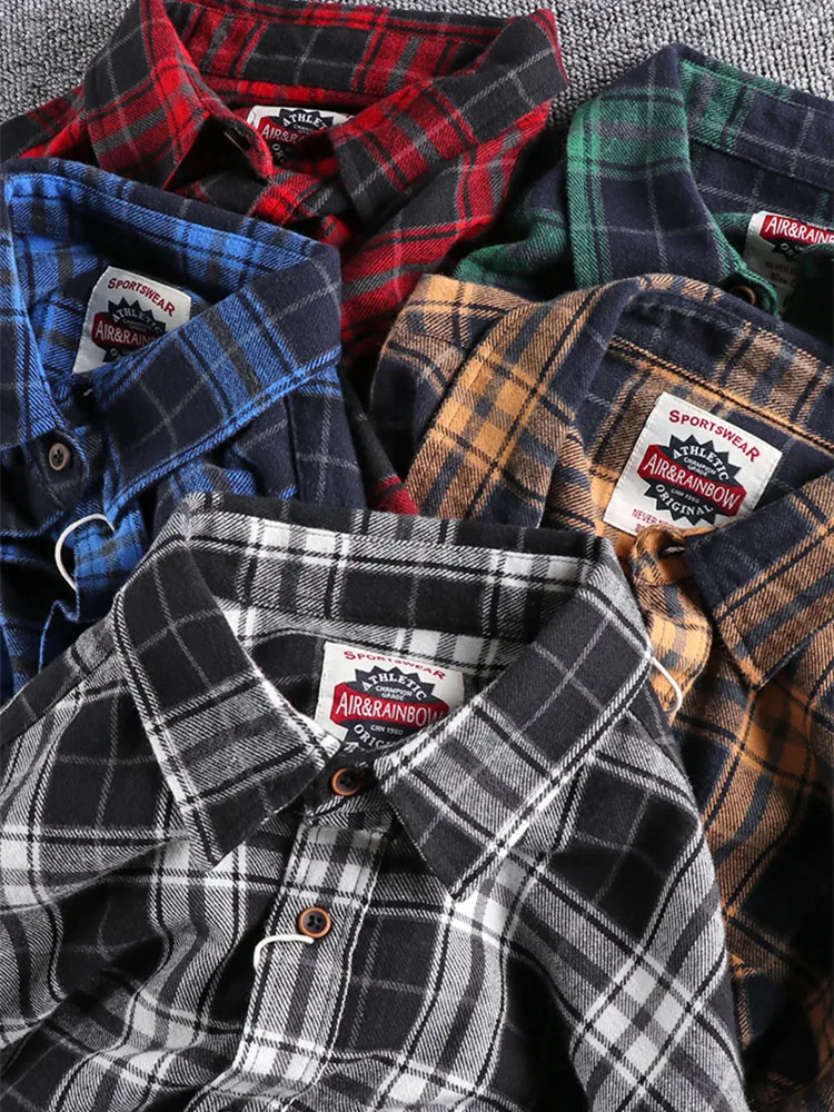 2022 Spring New American Retro Men\'s Fashion 100% Cotton Plaid Youth Long-Sleeve Blouses Washed Old Brushed Fabric Casual Shirt