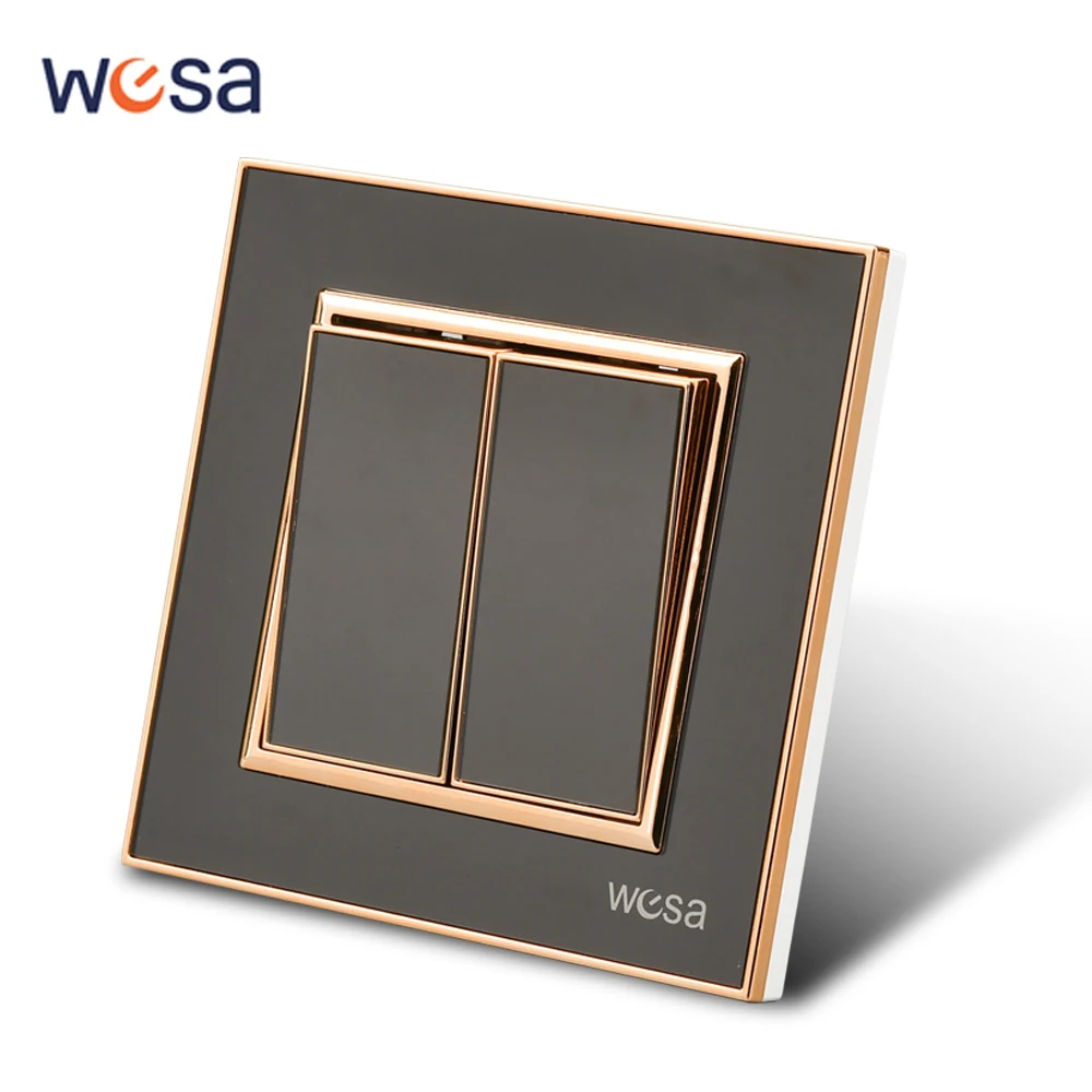 WESA Black Mirror Acrylic Wall Light Switch Flame retardant Panel Button 2 Gang 1 Way Wall Rocker Double Switch On/Off AC 250V