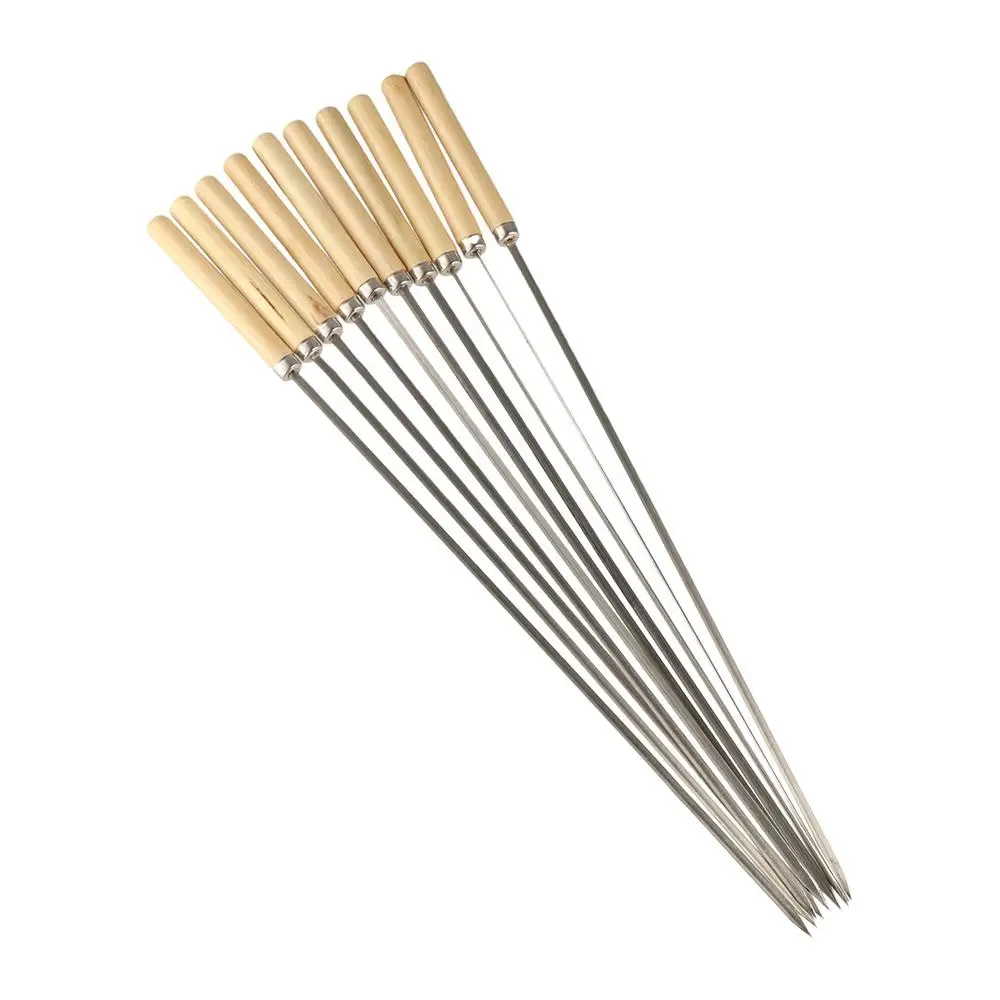 10pcs/set Wooden Handle Flat Barbecue Skewers Anti-slip Anti-scald Stainless Steel Barbecue Stick Reusable 35cm