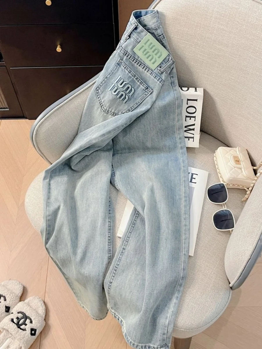 Sommer Dünne Mint ein Farbe Blo Hohe Taille Lose Fit Gestickte Denim Jeans frauen Breite Bein Hosen Abnehmen wirkung