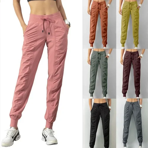 Nuevos pantalones de chándal de tela con cordón para correr, pantalones deportivos para mujer, pantalones de ejercicio atléticos de secado rápido para gimnasio y Fitness con dos bolsillos laterales