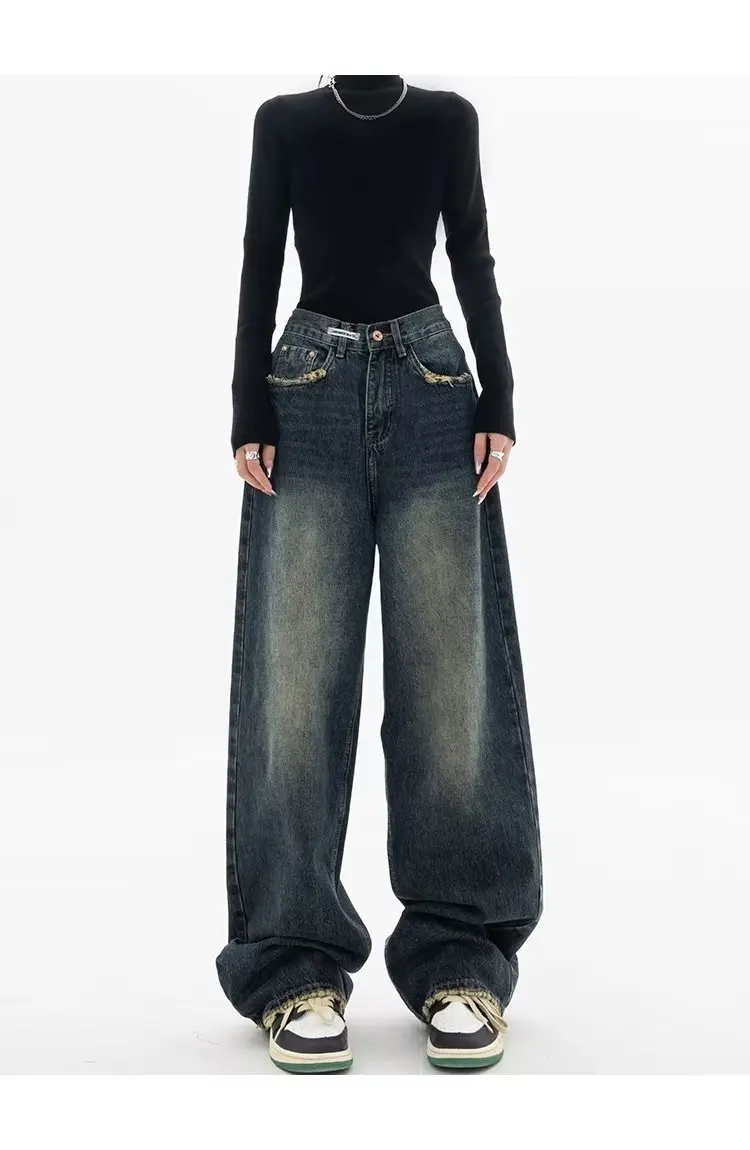 Frühling Herbst weites Bein Jeans Frauen hohe Taille Jeans hose Damen Jeans Harajuku Vintage bf Stil lose Femme Streetwear – Detail 3