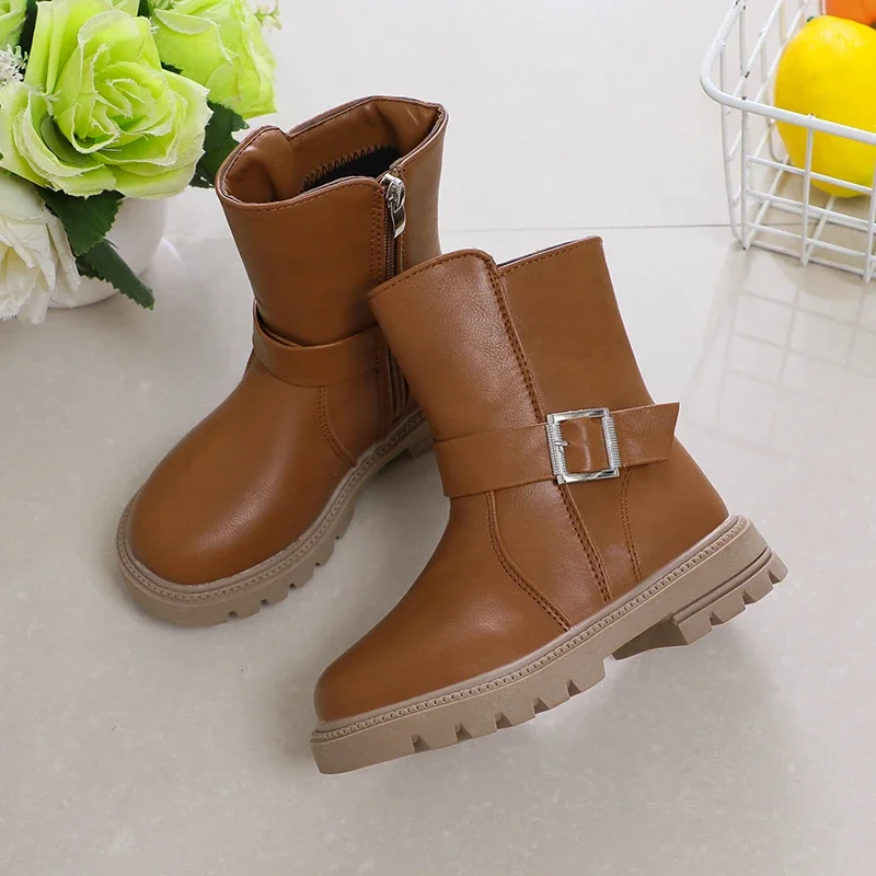 Girls Princess Boots Simple Classic 2024 Autumn Winter Children Casual Boots Fashion Non-slip Versatile with Buckle Side Zipper