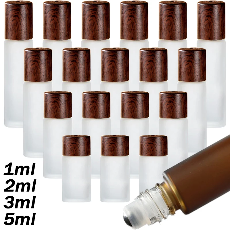 1/2/3/5ml Bottiglie vuote in vetro per olio essenziale Contenitore cosmetico Roll on Bottiglia riutilizzabile in vetro Strumento ricaricabile con coperchio in legno