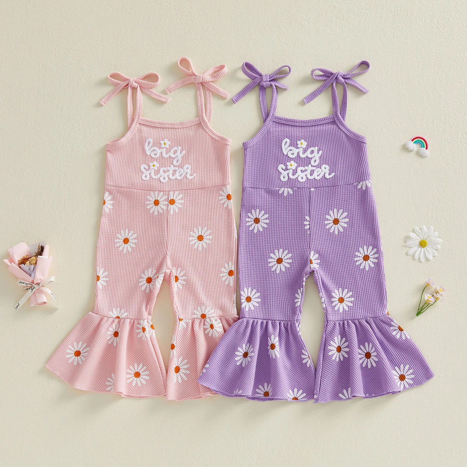 

Newborn Baby Girls Square Neck Bell Bottoms Jumpsuit Cute Letter Flower Embroidery Sleeveless Overalls Infant Holiday Romepers