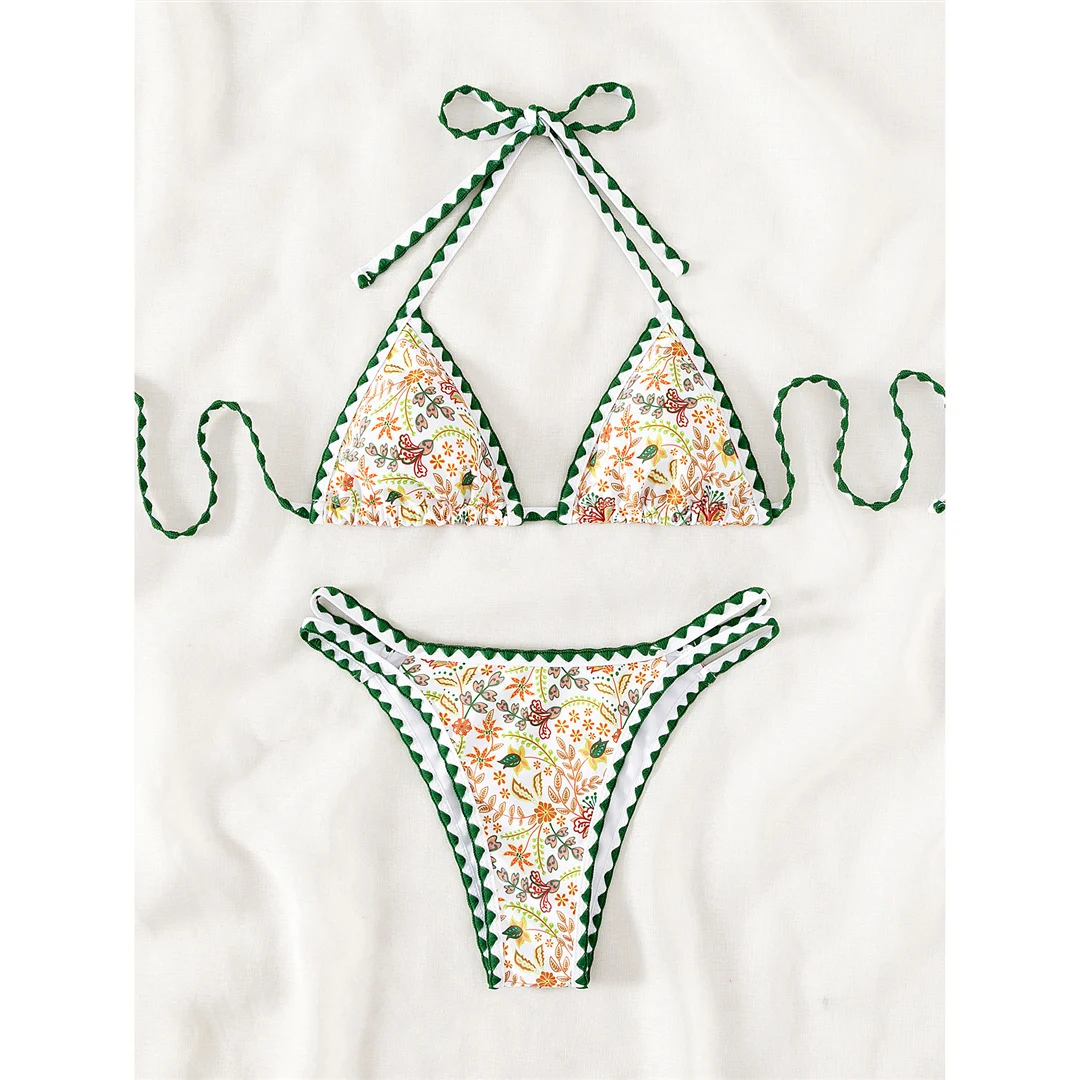 Sexy, mit Blumenmuster versehener, halterneckiger, brasilianischer Bikini, Damen-Badeanzug, zweiteiliges Bikini-Set, Badebekleidung, Badeanzug, Modell V4997. – Detail 10