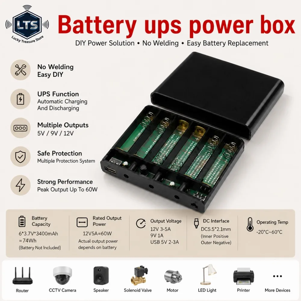 DIY 6pcs 18650 Li-ion battery Power Bank UPS Kit with Removable Battery Case for Optical Cat Router 5V9V12V Output Up to 60W