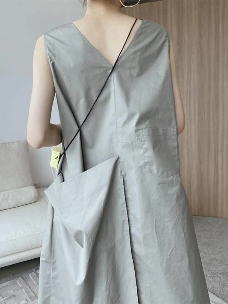 Dresses Women Solid Simple Summer Sleeveless Temperament Daily Leisure Loose Korean Style V-neck Ladies Elegant Tender Fashion