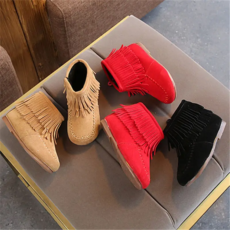 Girls Princess Boots Fashion Kids Ankle Boots Flock Fabric Warm Thick Fur with Side Zipper Tassels 2024 Autumn Winter Brand New