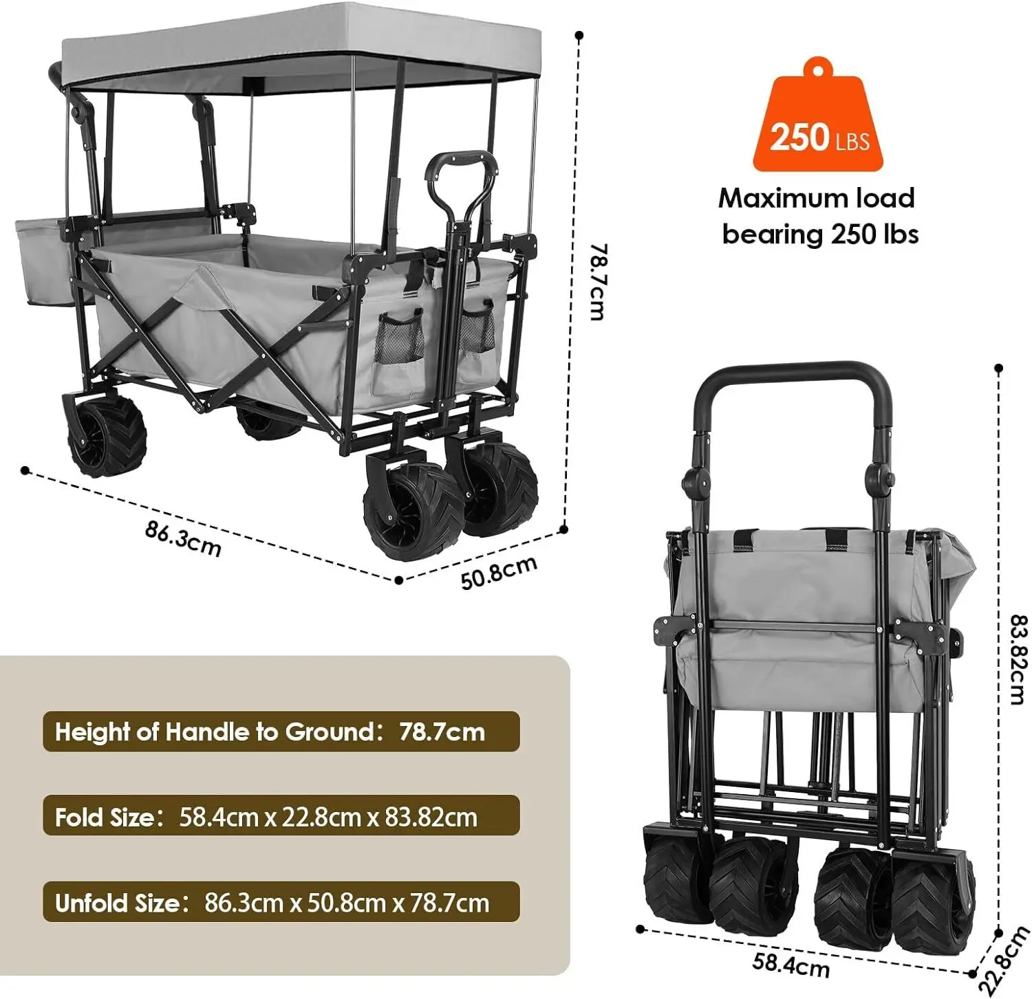 Carro de jardín plegable con dosel extraíble, carro de utilidad de empuje y tracción de 115kg de capacidad, 600D Oxfort, rueda todoterreno, 262L