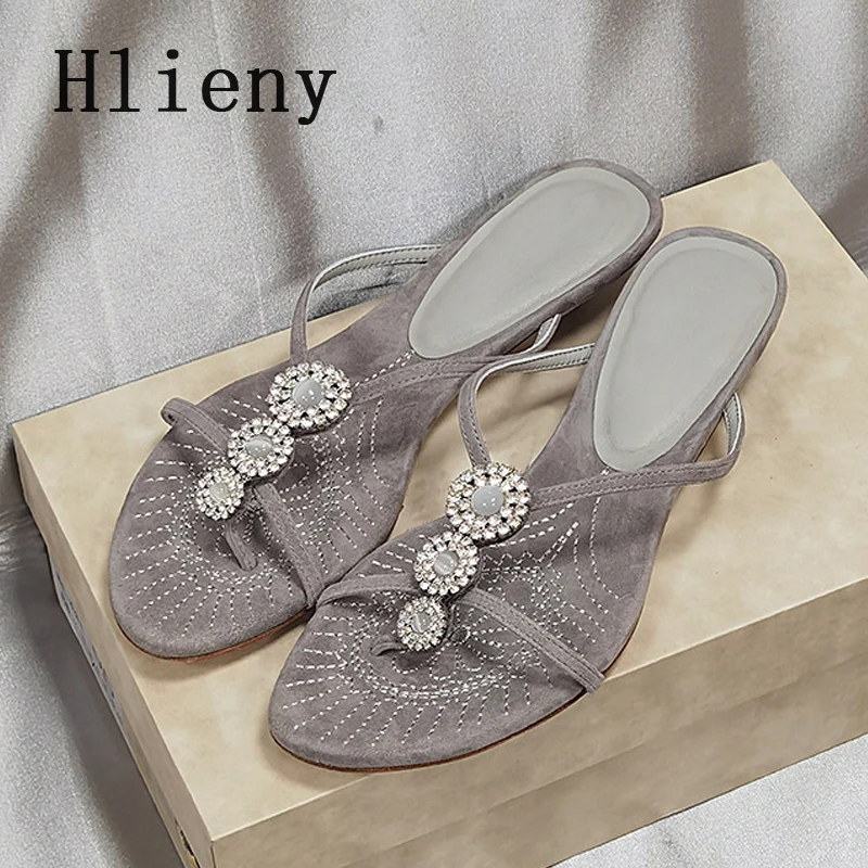 

Hlieny/летние женские тапочки на низком каблуке, модные пляжные повседневные сандалии с круглым носком и кристаллами, шлепанцы, обувь Zapatos De Mujer