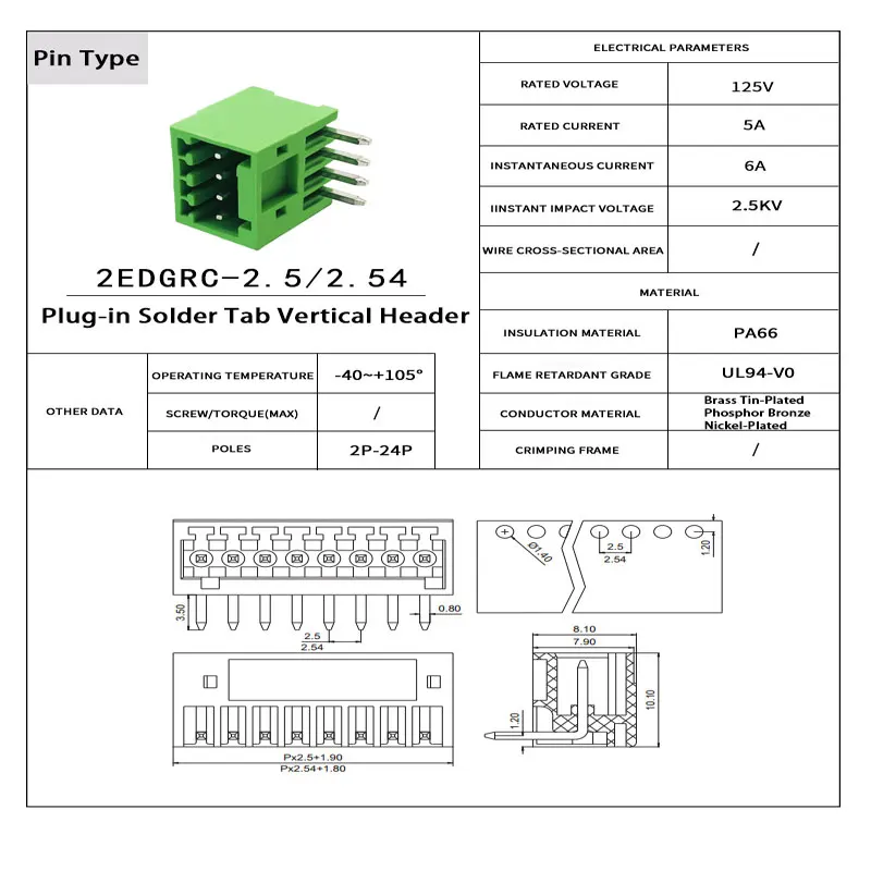 Полный комплект углового разъёма и штекера / Безпаечный клеммный блок PCB с пружинным зажимом серии 2EDGKD шаг 2.5мм / Виброустойчивый, 4А